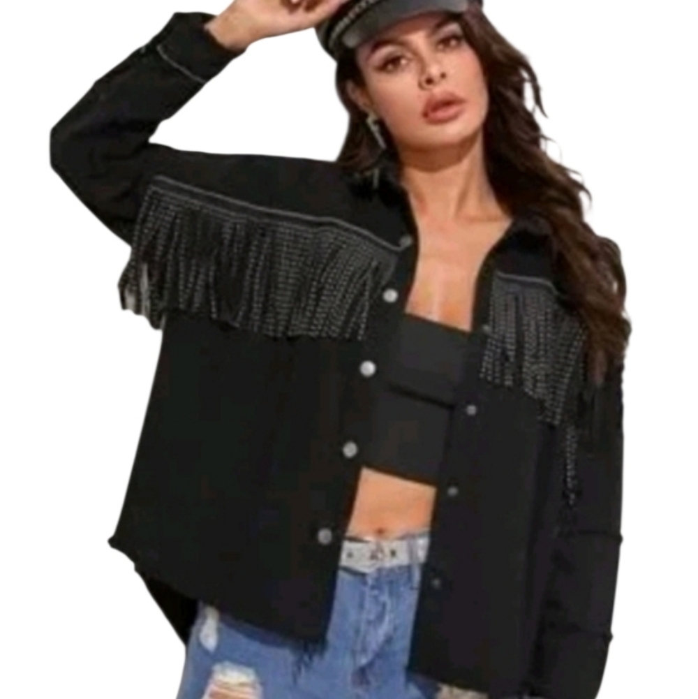 Zara Cowgirl Concert Dazzler Rhinestone Fringe Jewel Black Jacket Denim Oversize